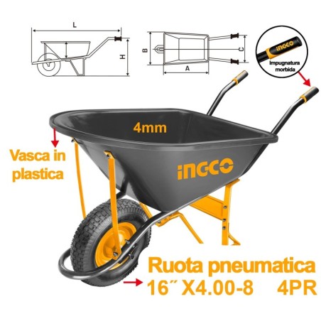 CARRIOLA IN PLASTICA CON RUOTA PNEUMATICA 150KG